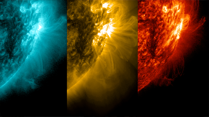 A series of three images show bright and colorful solar flares in the sun's atmosphere captured in blue, yellow and red tint