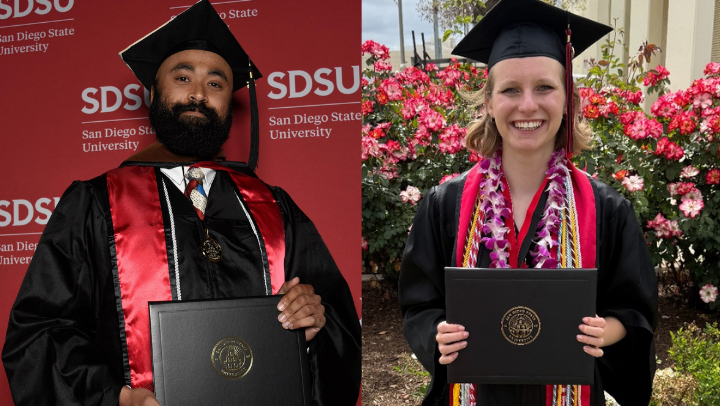 Robert Lang (left), who graduated with an MFA in creative writing this spring, and Mia Mangney, graduated summa cum laude with a bachelor’s degree, have been selected for a Fulbright U.S. Student Program.