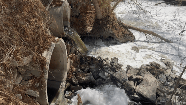 A foamy, turbulent section of the Tijuana River near Saturn Boulevard in San Diego’s South Bay. This location was identified by members of the local community as a source of particularly strong odors. (Photo courtesy of Beatriz Klimeck)