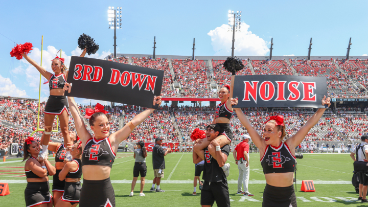 Cheerleaders at SnapDragon Stadium holding up a sig that reads "3rd Down" and another that reads "Noise"