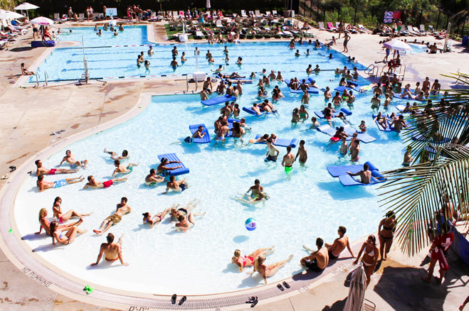 aerial view of the aquaplex showing the pools and lounge area.