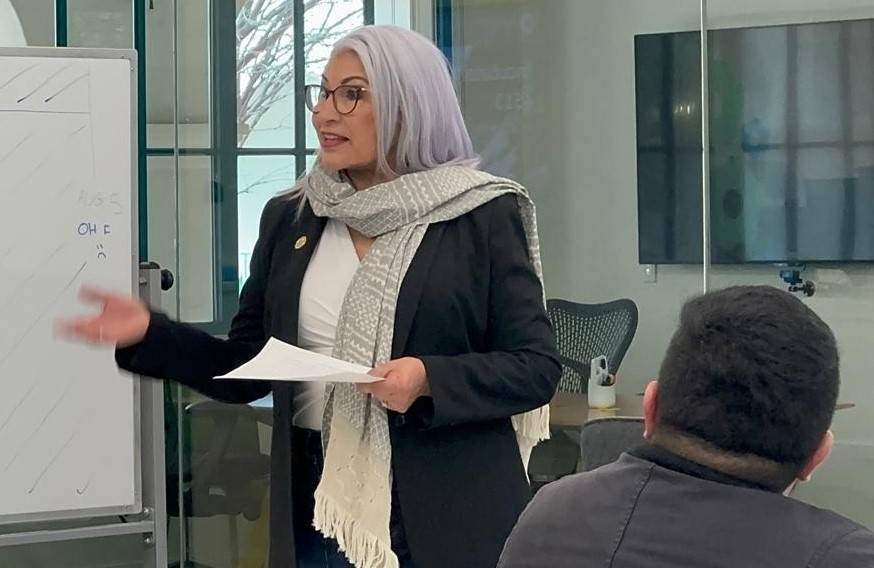 Cristina Alfaro, Ph.D., and nationally recognized advocate for bilingual education, speaks at a recent ZIP Launchpad pitchfest event on SDSU campus involving students from Universidad Autonoma de Baja California in Tijuana.