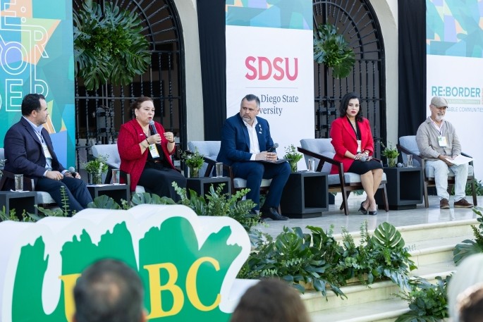 Gina Nunez, dean of San Diego State University's Imperial Valley campus, makes a powerful point during the keynote panel of the 2025 Re:Border Conference in Mexicali, Mexico