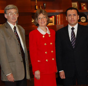 (from left) Eric Frost, SDSU homeland security program, Provost Nancy Marlin and Daniel de la Rosa-Anaya, Secretary of Public Safety for Baja Calif.