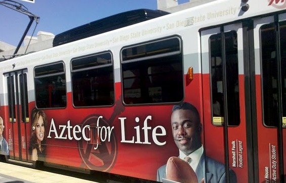The Aztec for Life Trolley runs on the MTS Green Line.