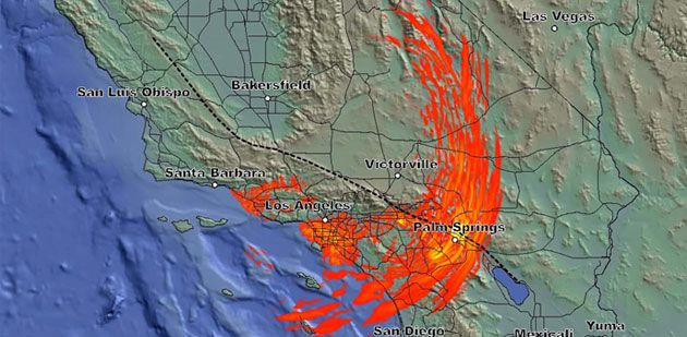 This images shows the ground motion of a magnitude 8.0 simulation on the San Andreas fault.