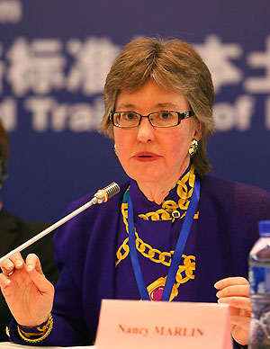 Provost Nancy Marlin speaks during the President's Forum  during the Confucius Institute Conference last month.