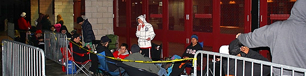 Students lined up outside Viejas Arena for tickets for the next two men's basketball games.