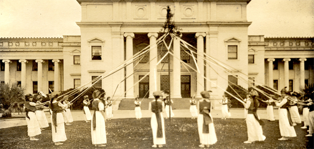 The 1915 Founder's Day celebration features a Maypole dance.