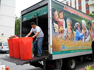 The San Diego Food Bank sets up donation bins.