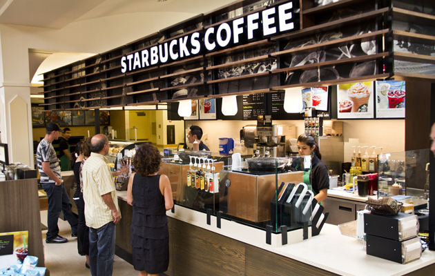 Customers order in the newest of three on-campus Starbucks Coffee locations.
