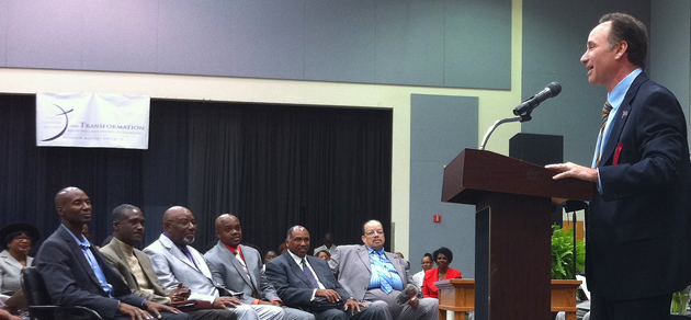 President Elliot Hirshman speaks to congregants of Bayview Baptist Church as part of Super Sunday.