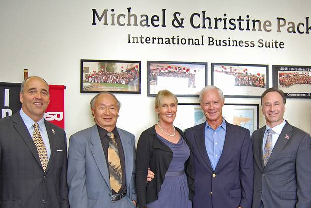 From left, Dean Michael Cunningham, College of Business; Dean Paul Wong, College of Arts and Letters; Christine Pack; Michael Pack; SDSU President Elliot Hirshman.   Photo: Holly Pablo