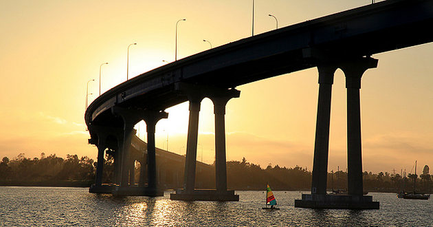 The San Diego Coronado Bay Bridge bathed in the orange glow of a San Diego sunset. Photo courtesy of the Port of San Diego.