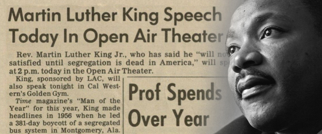 Rev. Dr. Martin Luther King Jr. and the Daily Aztec headline about his visit to San Diego State.