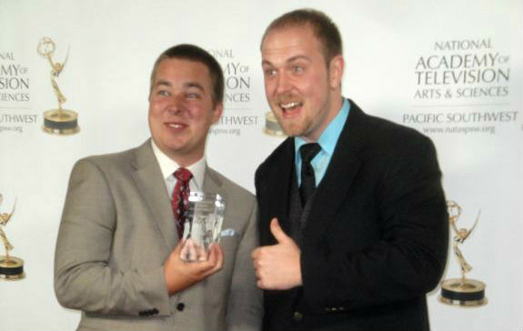 Casey Nakamura (right) with Snow Globe producer Scott Pyrz (left) celebrating their Emmy win.