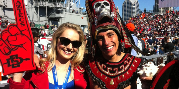 Katie with Aztec Warrior at the Battle of the Midway.