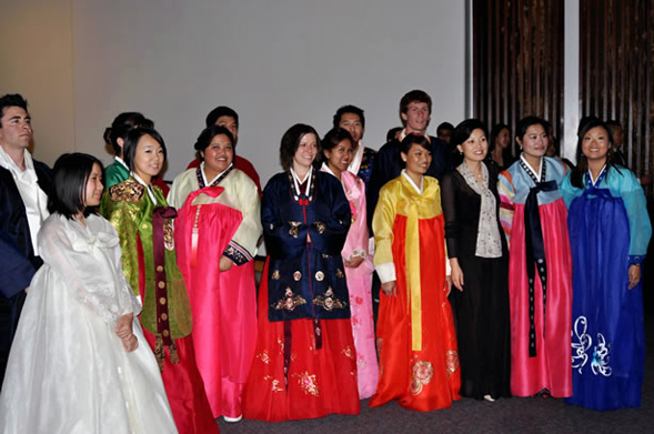 Students from SDSU's Korean program dressed in tradiional Korean clothing as part of the 2012 Korean Culture Night.