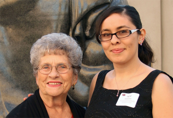 Judith James, '58, and Ingrid Medrano, '11. Medrano received the Russ and Judith James Endowed Scholarship Fund last year. Phot by  Hayley Roder.
