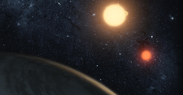 This artist's concept illustrates Kepler-16b, the first planet known to definitively orbit two stars.  Courtesy of NASA