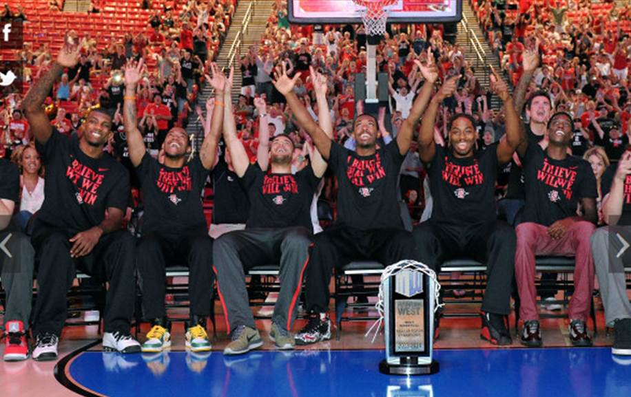 The Aztecs celebrate during the selection show (photo by Ernie Anderson)