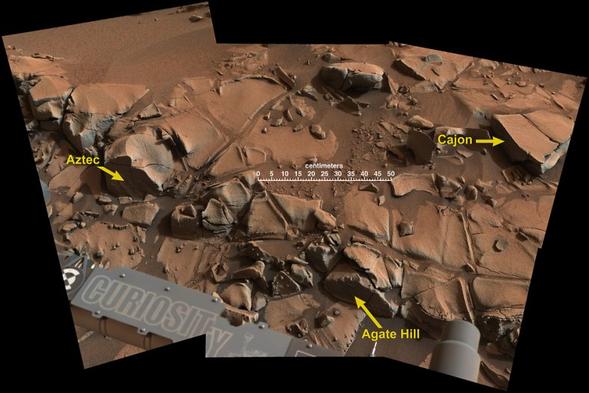 Curiosity's science team named the left-most object Aztec. Credit: NASA/JPL-Caltech