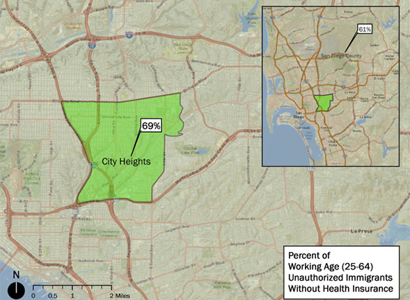 A map depicting the percent of working age unauthorized immigrants without health insurance in City Heights.