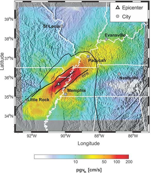 This chart shows peak ground-motion variabilinty for a magitude 7.7 earthquake near Memphis. Warmer colors indicate stronger ground motion. (Image courtesy of USGS)