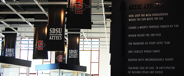 Banners hanging in the Aztec Hall of Fame.