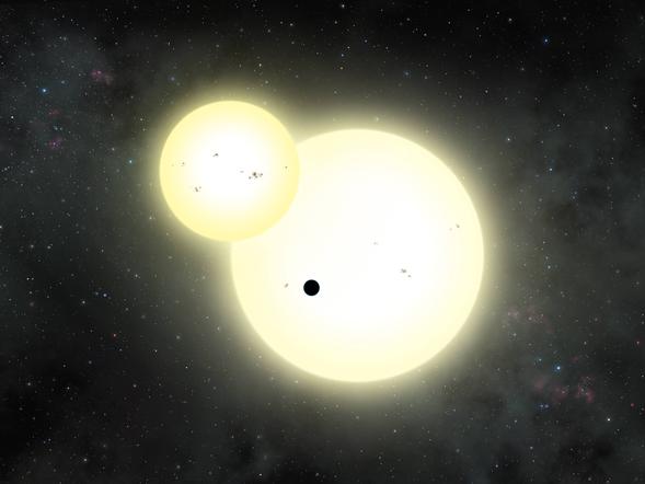 Artist's impression of the simultaneous stellar eclipse and planetary transit events on Kepler-1647 b. Such a double eclipse event is known as a syzygy. (Credit: Lynette Cook)