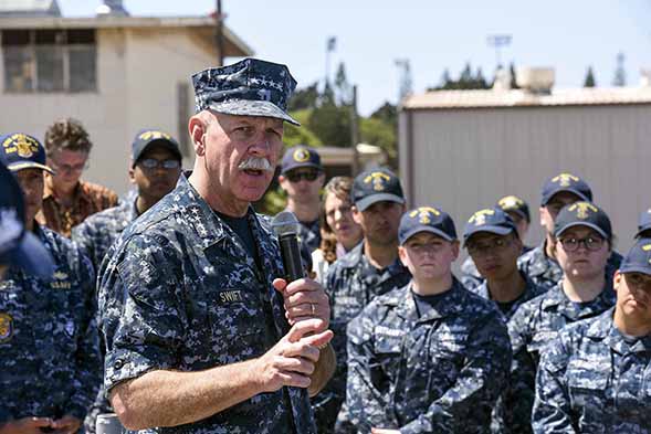 Admiral Scott Swift speaks to sailors assigned to the Pacific Surface Action Group aboard the USS Momsen. (Credit: U.S. Navy photo by Mass Communication Specialist 2nd Class Brian M. Wilbur/Released)