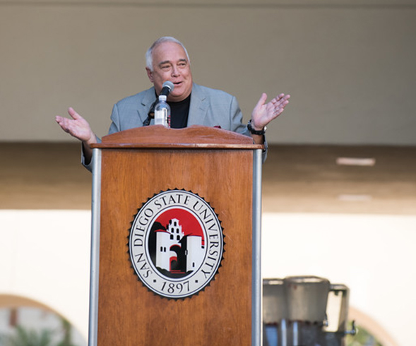 Ron Fowler speaks to ceremony attendees following the naming of the Fowler College of Business Administration. (Photo: Lauren Radack)