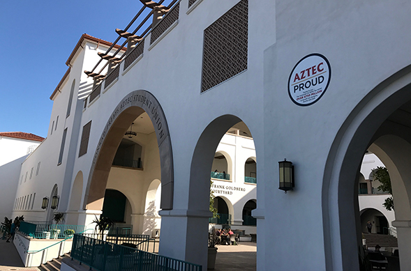 The Aztec Proud logos will appear on 21 buildings on the San Diego campus throughout the spring semester.