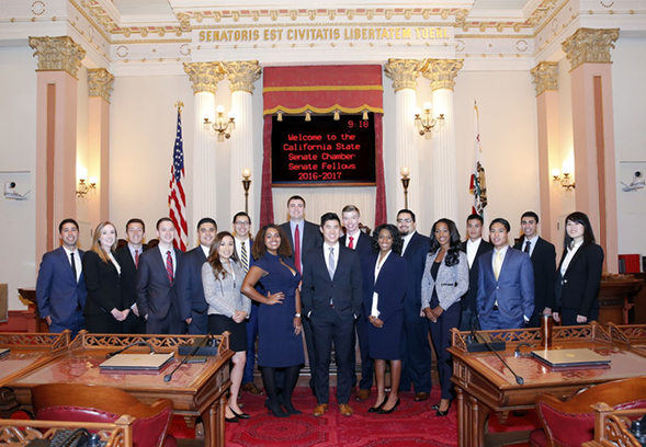 The 2016-2017 Class of Senate Fellows congregate at the California State Capitol. (Photo Credit: Tyler Aguilar)