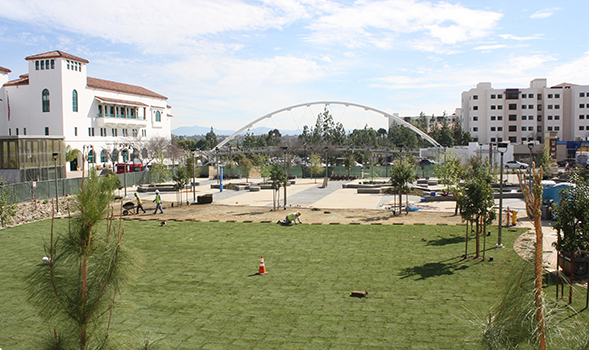 Campus Green is an urban park-like outdoor location next to South Campus Plaza that features benches, grass and trees.