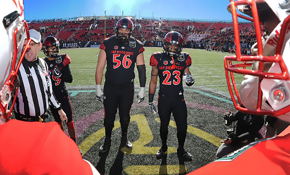 Donnel Pumphrey (left), Nico Siragusa (center) and Damontae Kazee (right) were each selected in the 2017 NFL Draft. (Credit: GoAztecs)