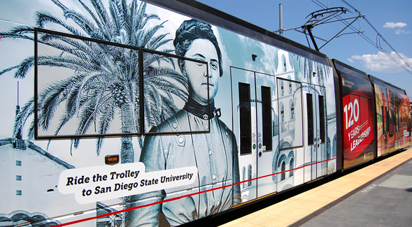 SDSU-themed Metropolitan Transit System trolley