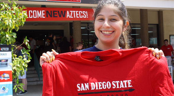 New student donors receive a lanyard and an Aztec Proud T-shirt.
