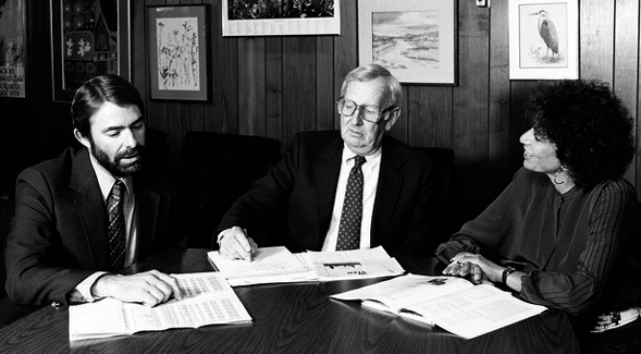 Left to right: Frank Medeiros, Albert Johnson and Joyce Gattas (Credit: SDSU University Archives Photograph Collection)