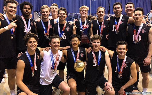 SDSU defended its NCVF Men's Division I title by sweeping Cal Poly A in the championship match. (Credit: Stephen Munson/USA Volleyball)