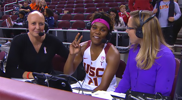 Tammy Blackburn (left) announcing a women's basketball game for Pac-12 Networks. (Credit: Pac-12 Networks)