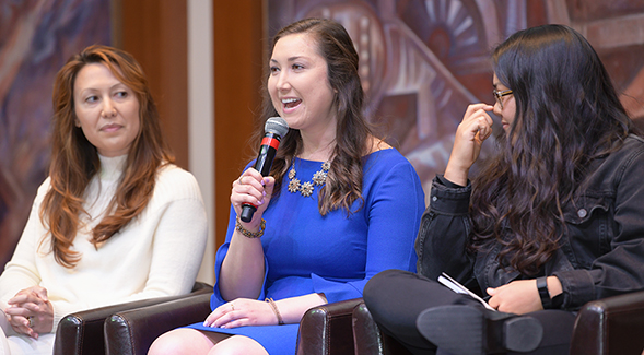 Heather Doyle (center) speaks at SDSU's 2020 Women in Entrepreneurship and Leadership event on February 27, 2020. (Photo: Fowler College of Business)