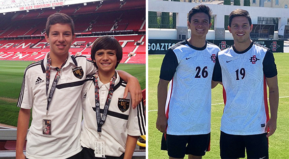 Tristan Weber (left) and Blake Bowen touring Old Trafford, home of Manchester United, during their youth. Recent photo of Bowen and Weber (right). (Photo: GoAztecs.com)