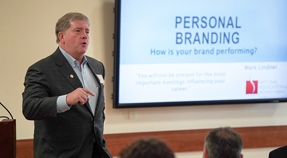 Mark Lindner presenting on the topic of personal branding in 2019 at SDSU.