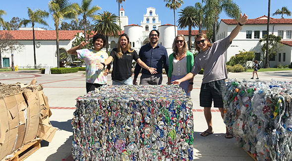 SDSU's Office of Sustainability displayed a compacted cube of aluminum cans and plastic bottles for RecycleMania in February 2020 to remind the campus community of the importance of recycling.