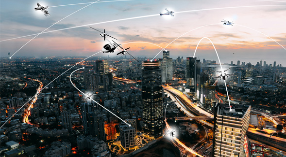 An artists conception of an urban air mobility environment. SDSU and UCSD engineers will help bring futuristic electric air taxis closer to reality. Credits: NASA / Lillian Gipson