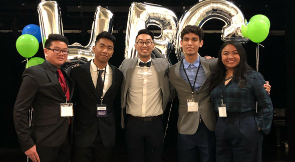 (left to right): Cornell Tran (Public Relations), Niko Cobarrubia (VP of Cultural), Stephen Taing (Regional Manager 2018), Dimitri Duron (VP of External), Kaylani Cayabyab (President)