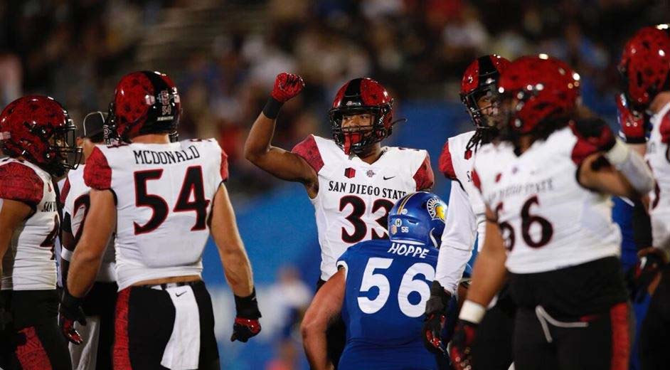 Aztecs player Patrick McMorris (33) gestured during Friday's game that ended with a 19-13 win over the San Jos State Spartans.