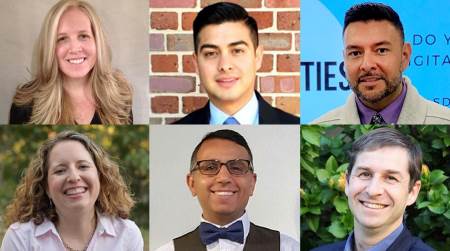 The 2022 Presidential Research Faculty Fellows. Top row from left to right: Kristen Wells, Humberto Parada Jr., Nathian Shae Rodriguez. Bottom row from left to right: Christal Sohl, George Youssef, Eyal Oren.