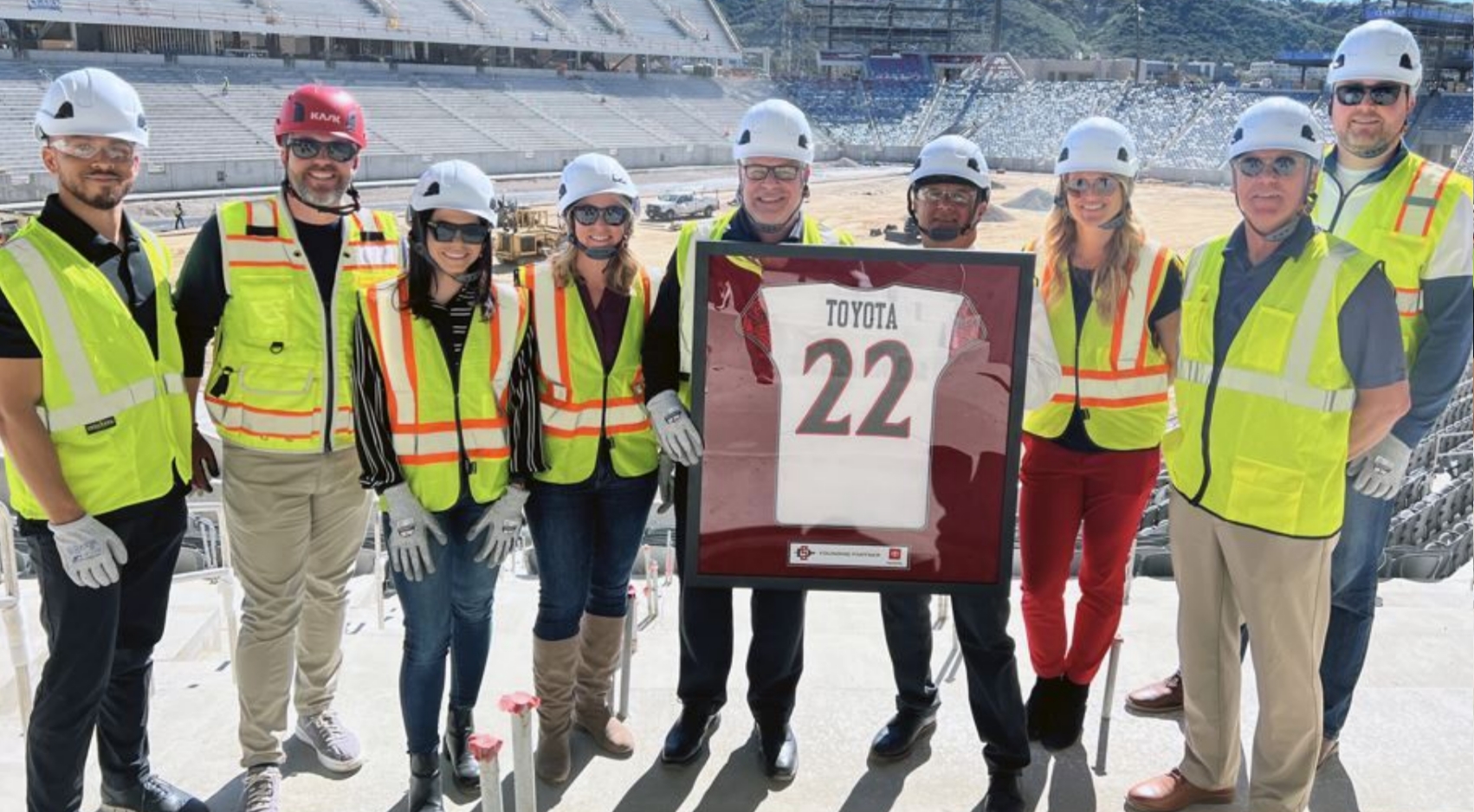 Members of San Diego County Toyota Dealers Association gathered at the construction site of the new Snapdragon Stadium in Mission Valley to announce their sponsorship.
